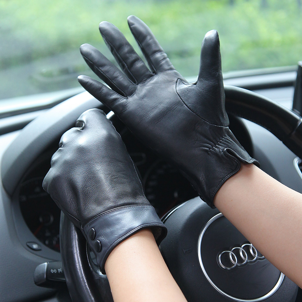 Wool Glove Lined - Модные черные перчатки из натуральной кожи,
